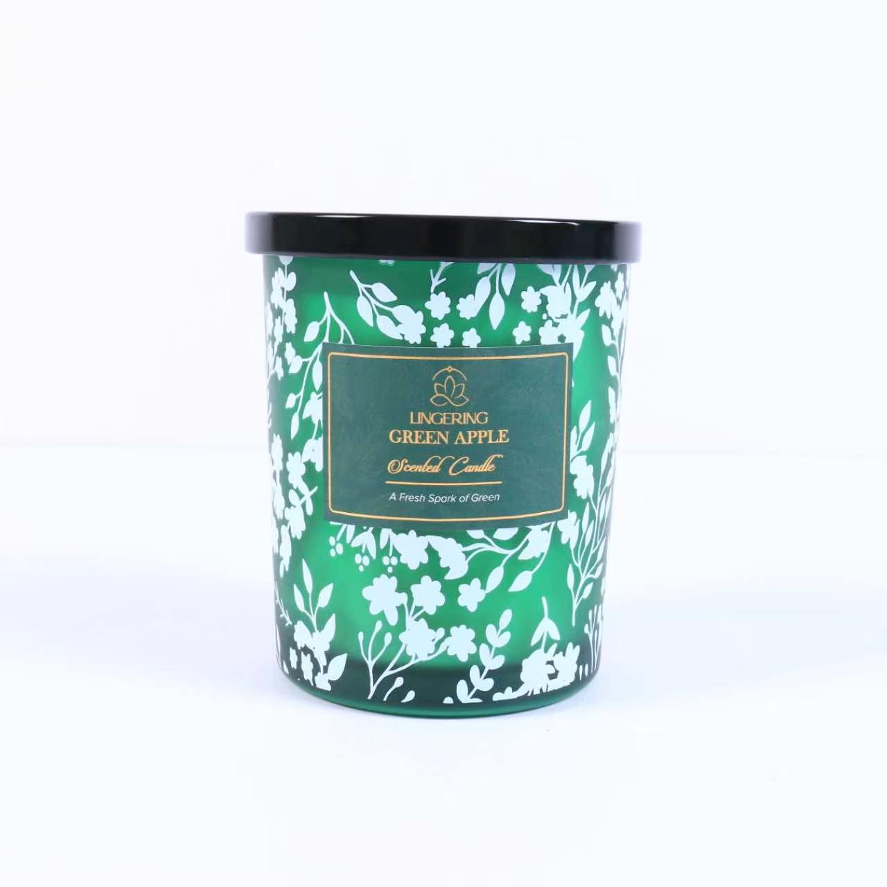 Green Herb Vintage Dark Green Floral Print Glass Candle 200g with Black Lid, Natural Soy Wax Aromatherapy Candle, Luxury Home Fragrance Decor & Gift